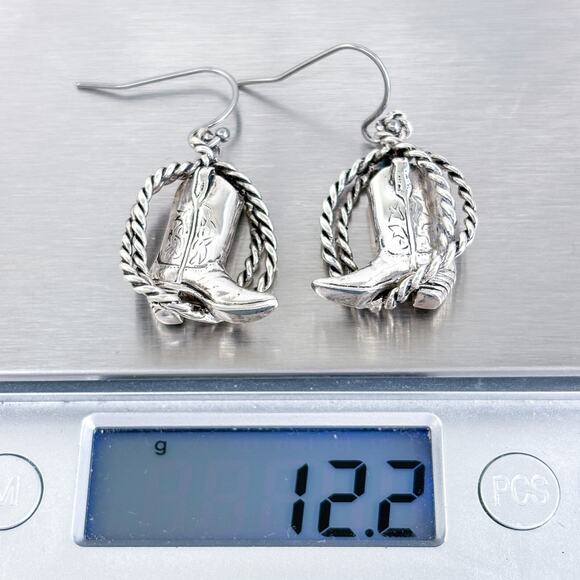 Vintage RAMA Sterling Silver 925 Cowboy Boot Lasso Dangle Earrings - Picture 7 of 9